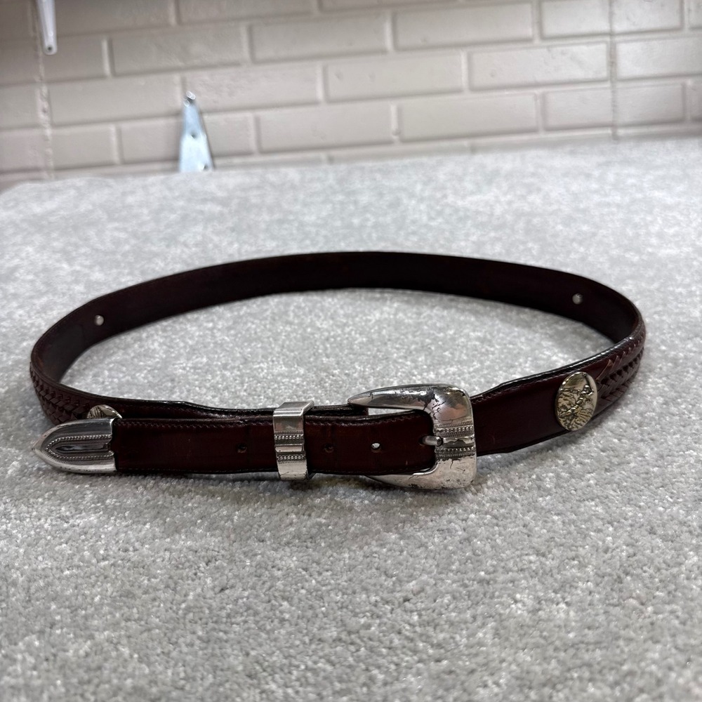Vintage Brighton Onyx Leather Belt Golf 36 Brown Braided Concho Western 1992